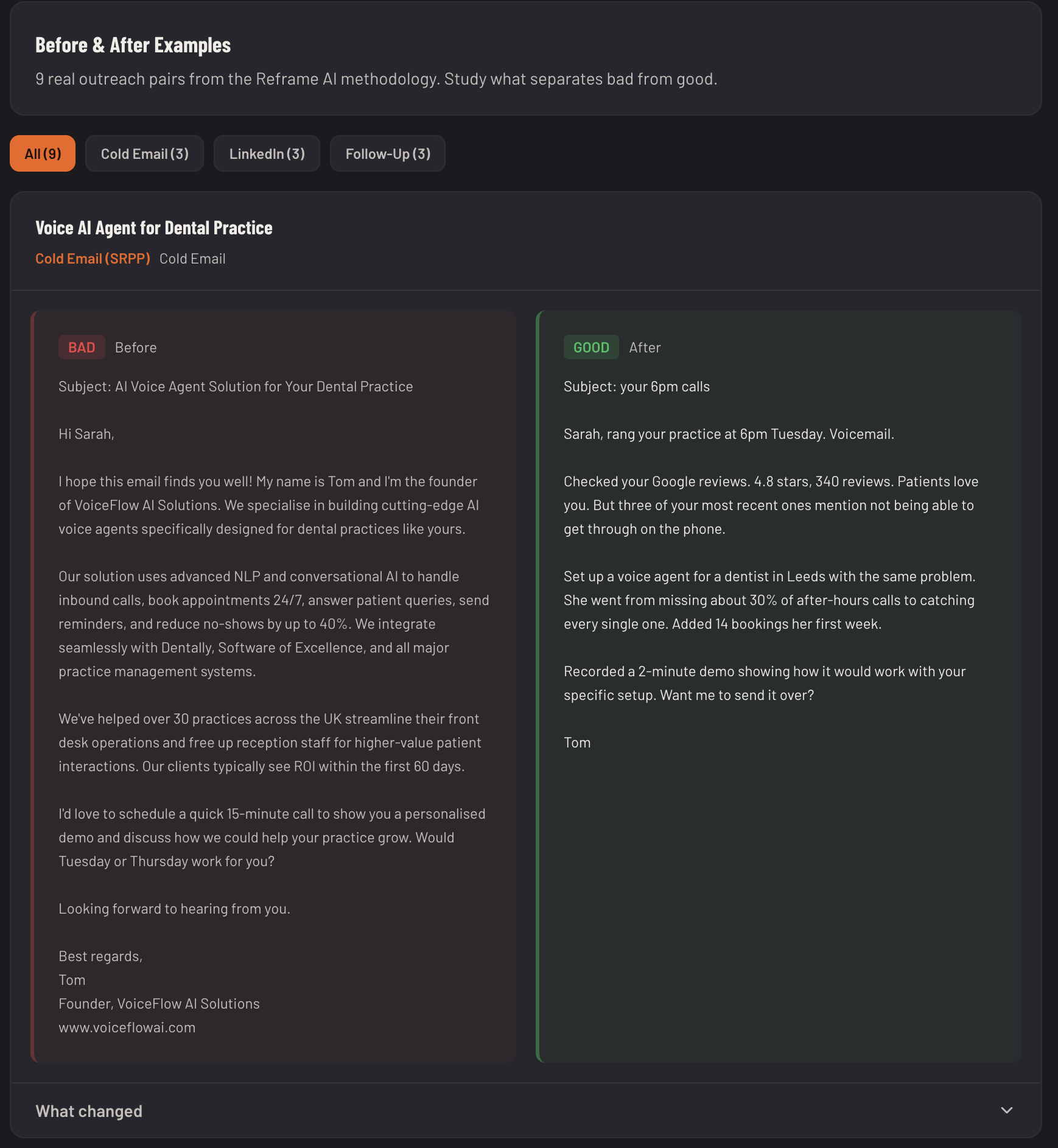 Before and After outreach examples showing a bad cold email transformed into a good one using the Reframe AI methodology